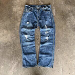Y2K Grunge Denim Relaxed Fit Jeans • Barbed Wire Embroidered • Size 34